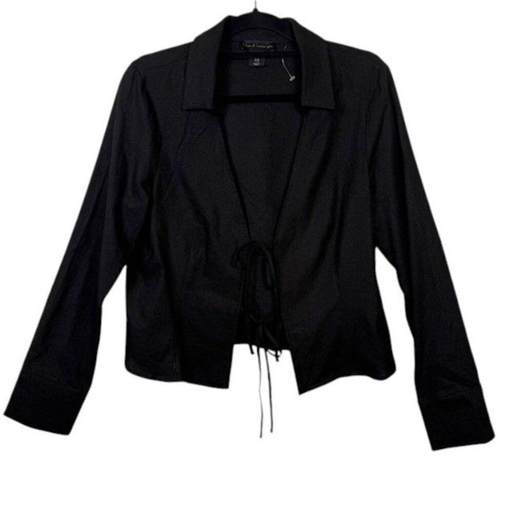 House of Harlow‎ 1960 Linen Tie Front Shirt Collared Black Long Sleeve Medium